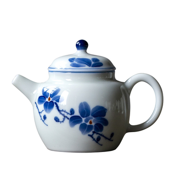 Ceainic cu subglazură, pictat manual cu magnolie, ceramică, mică dimensiune, pentru uz casnic, făcut manual, albastru retro