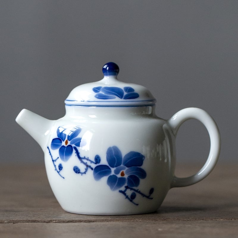 Ceainic cu subglazură, pictat manual cu magnolie, ceramică, mică dimensiune, pentru uz casnic, făcut manual, albastru retro