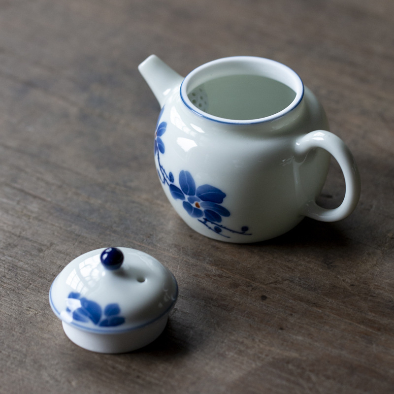 Ceainic cu subglazură, pictat manual cu magnolie, ceramică, mică dimensiune, pentru uz casnic, făcut manual, albastru retro