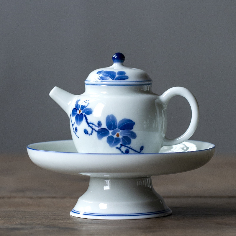 Ceainic cu subglazură, pictat manual cu magnolie, ceramică, mică dimensiune, pentru uz casnic, făcut manual, albastru retro