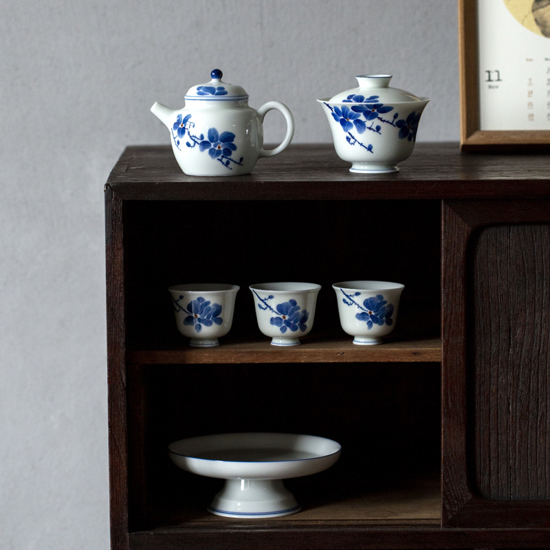 Ceainic cu subglazură, pictat manual cu magnolie, ceramică, mică dimensiune, pentru uz casnic, făcut manual, albastru retro