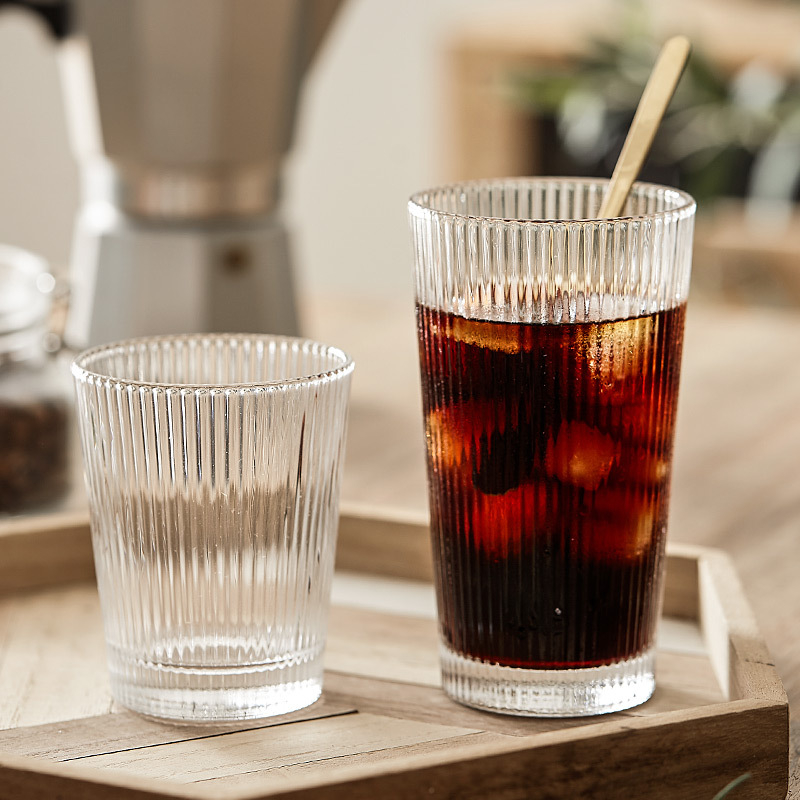 Pahar din sticlă rezistent la temperaturi, design modern fără mâner, cu dungi verticale, transparent, pentru suc, milkshake, cafea sau ceai