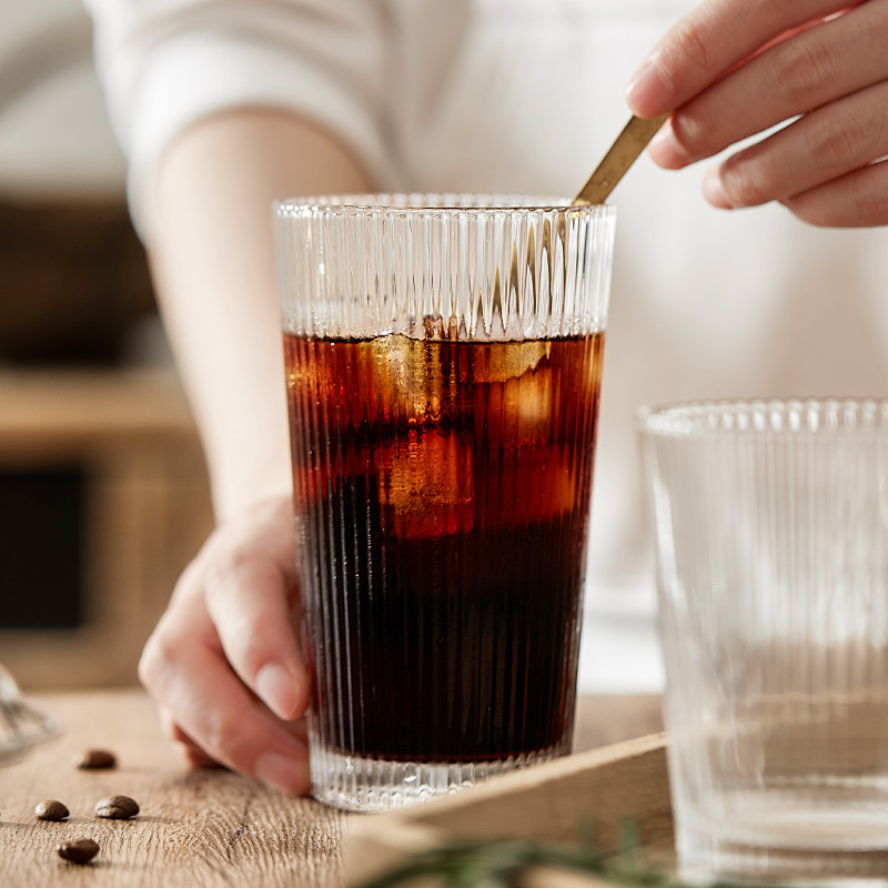 Pahar din sticlă rezistent la temperaturi, design modern fără mâner, cu dungi verticale, transparent, pentru suc, milkshake, cafea sau ceai