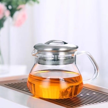 Ceainic din sticlă pentru ceai cu flori, filtru din oțel inoxidabil și mâner de ridicare, set ceai cu cești pentru birou și casă