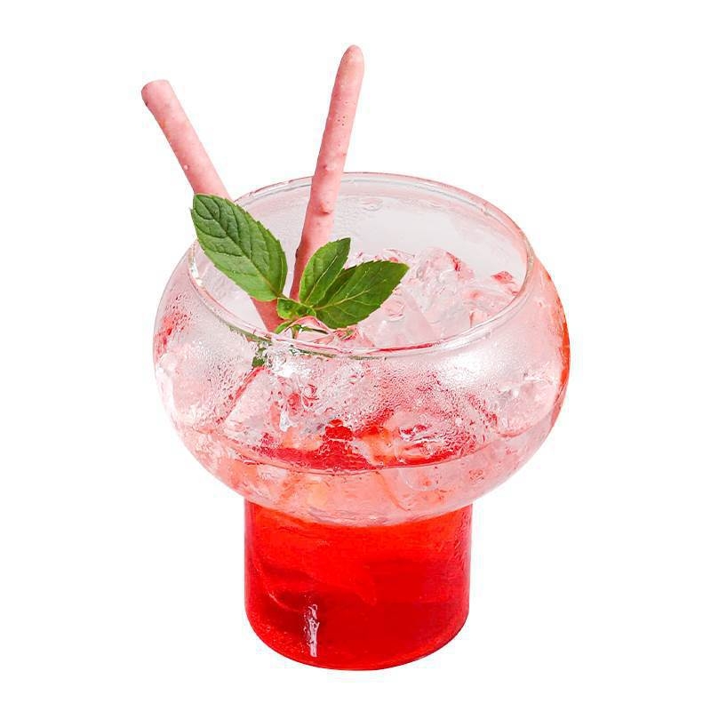 Pahar din borosilicat cu corp bombat — pentru lapte, suc, cafea și băuturi; turnat manual, fără mâner, bază scurtă