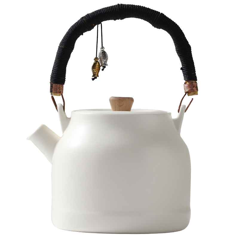Ceainic ceramic crem, cu mâner basculant, capacitate mare, stil minimalist japonez, cu filtru