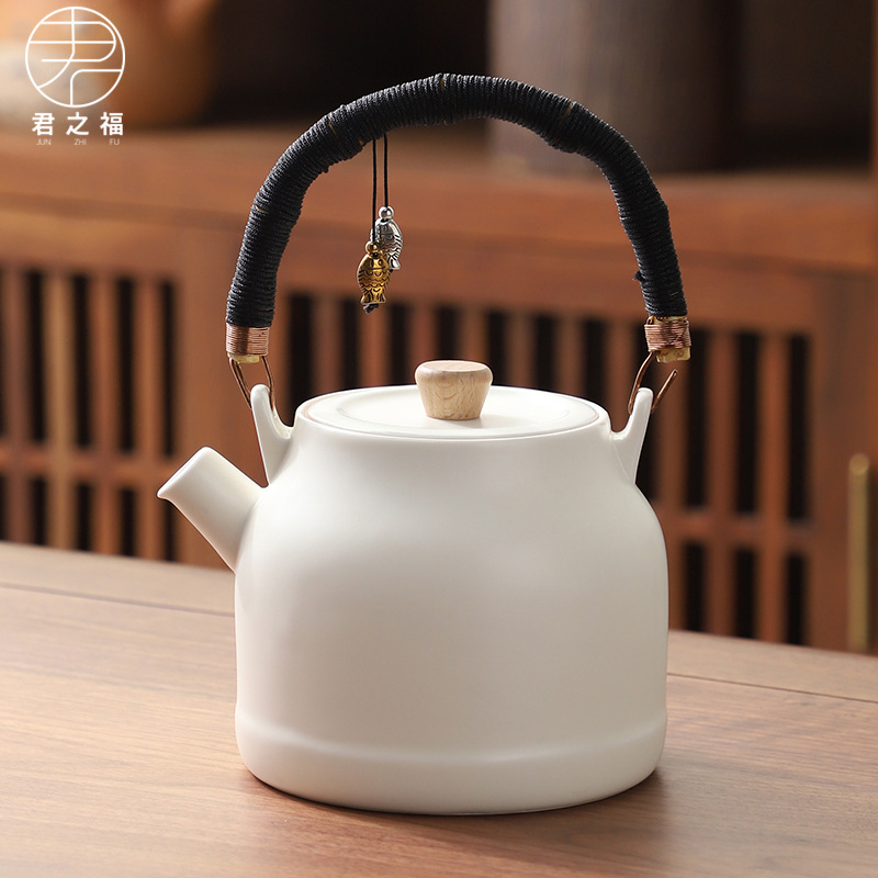 Ceainic ceramic crem, cu mâner basculant, capacitate mare, stil minimalist japonez, cu filtru