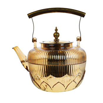 Ceainic cu mâner din cupru și sticlă borosilicat, culoare ambra, poate fi încălzit pe aragaz ceramic electric, cu strecurător din oțel inoxidabil, pentru uz casnic
