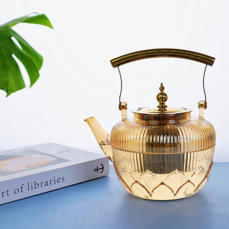 Ceainic cu mâner din cupru și sticlă borosilicat, culoare ambra, poate fi încălzit pe aragaz ceramic electric, cu strecurător din oțel inoxidabil, pentru uz casnic