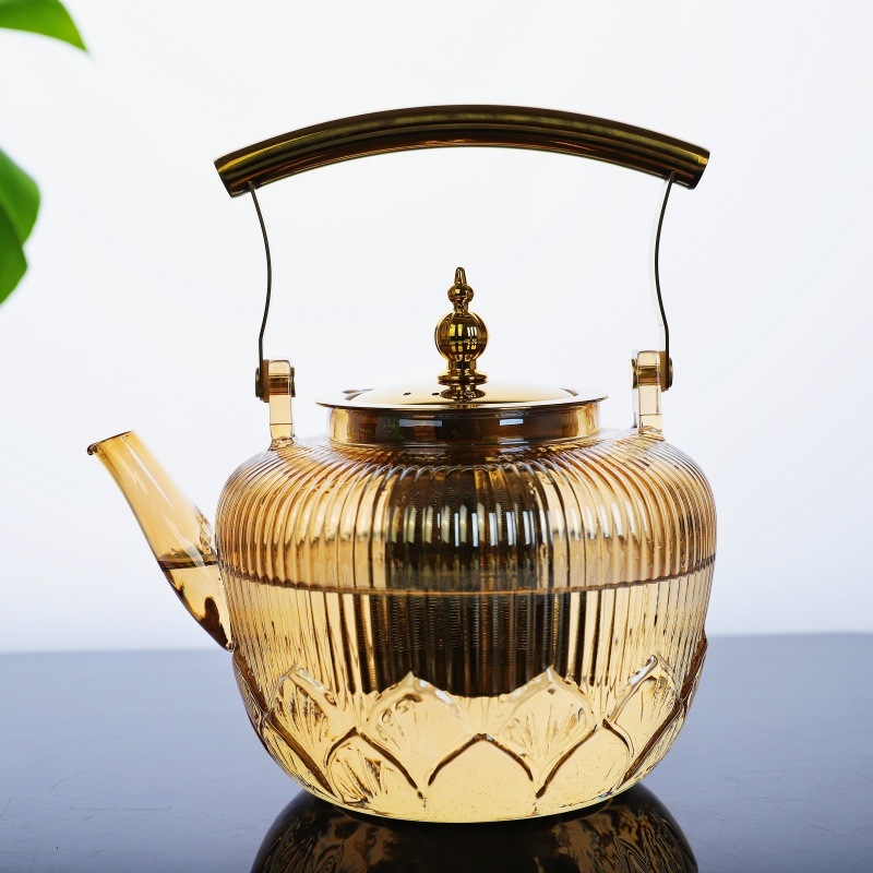 Ceainic cu mâner din cupru și sticlă borosilicat, culoare ambra, poate fi încălzit pe aragaz ceramic electric, cu strecurător din oțel inoxidabil, pentru uz casnic