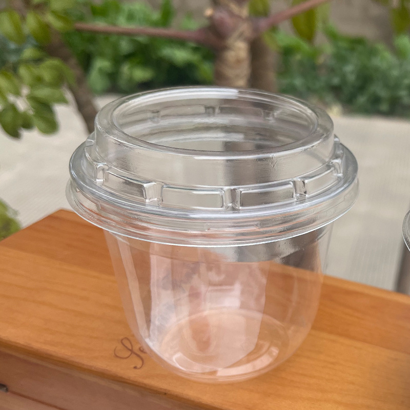 Pahar mic din plastic cu capac, formă de U, pentru băuturi reci, iaurt și deserturi, 201–300 ml