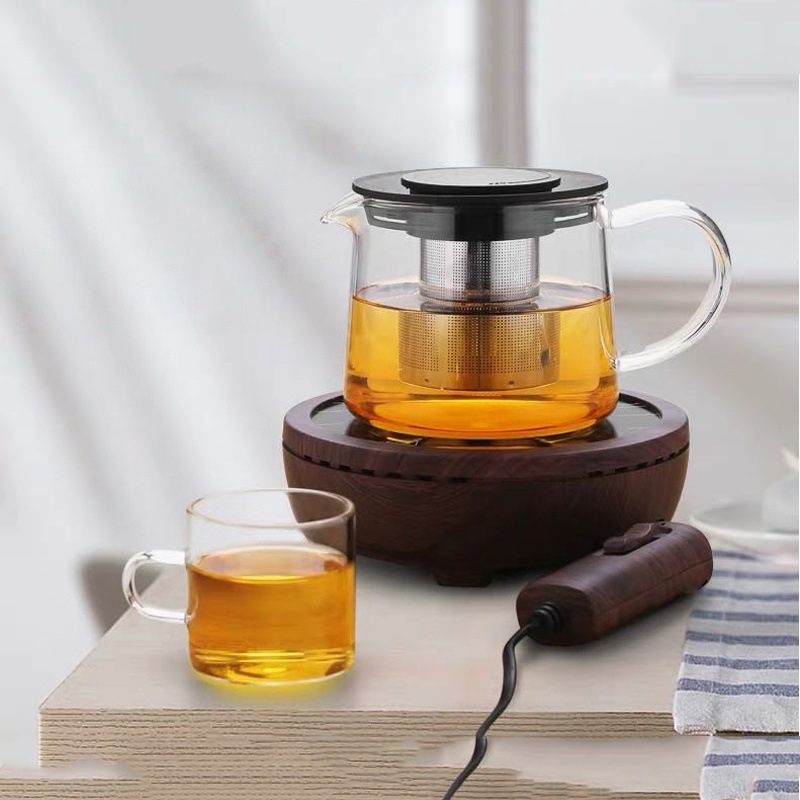 Ceainic cu capac negru, mâner lateral, din sticlă borosilikată rezistentă la căldură, filtru din oțel inoxidabil pentru ceai și cafea