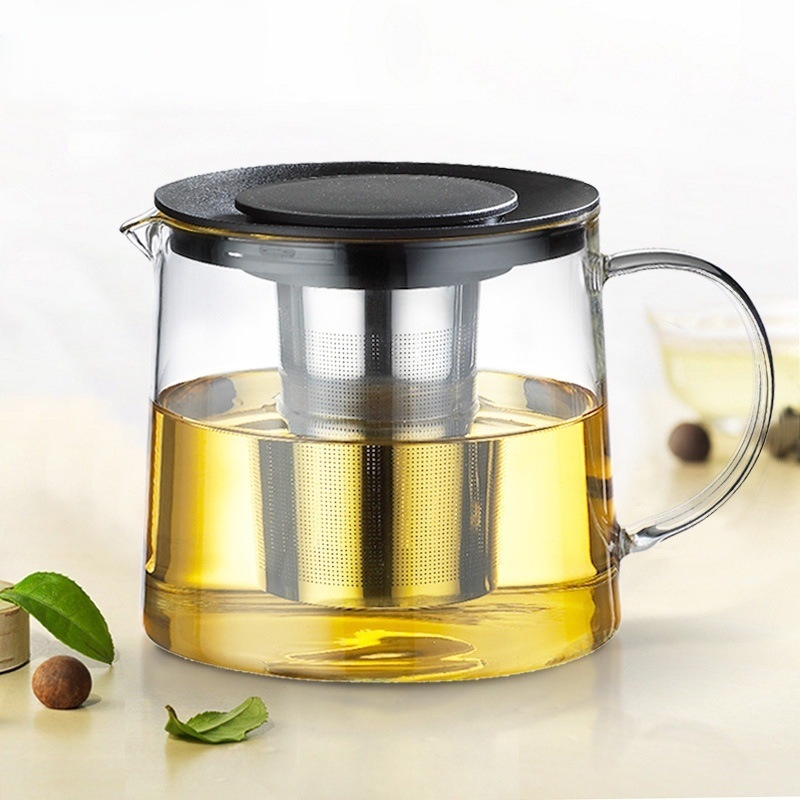 Ceainic cu capac negru, mâner lateral, din sticlă borosilikată rezistentă la căldură, filtru din oțel inoxidabil pentru ceai și cafea