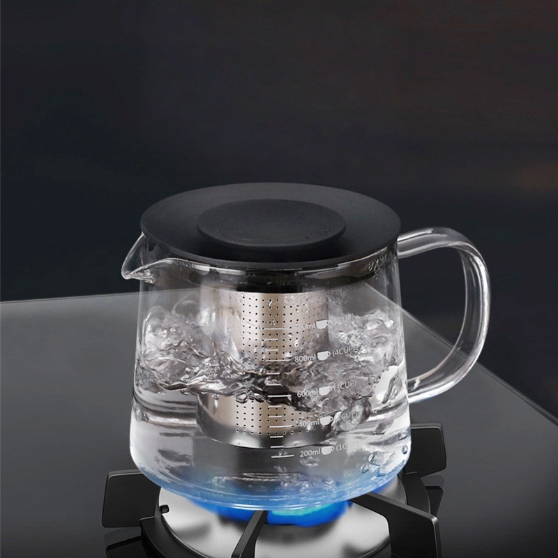 Ceainic cu capac negru, mâner lateral, din sticlă borosilikată rezistentă la căldură, filtru din oțel inoxidabil pentru ceai și cafea