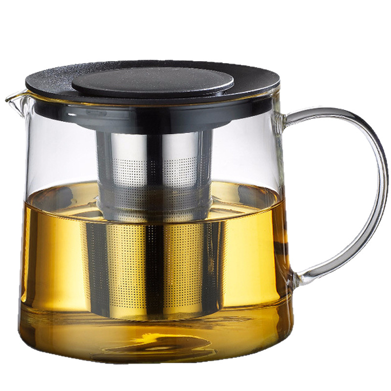 Ceainic cu capac negru, mâner lateral, din sticlă borosilikată rezistentă la căldură, filtru din oțel inoxidabil pentru ceai și cafea