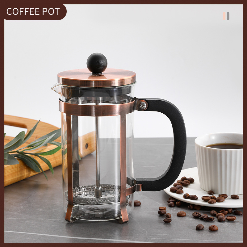 Cafetieră franțuzească cu spumator de lapte și infuzor de ceai, finisaj roz-auriu sau placare cupru, electroplatată