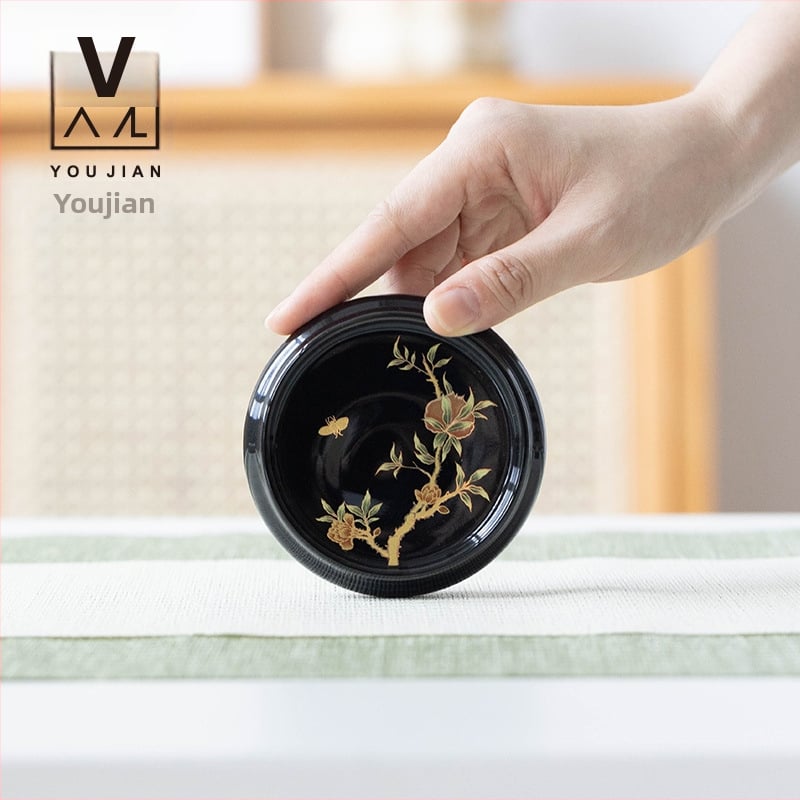 Set ceramic de ceai premium, cu floare de rodie, capac negru-auriu, stil chinezesc, pentru uz casnic — suport pentru ceașă de ceai și suport pentru capacul farfuriei