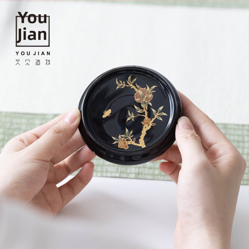 Set ceramic de ceai premium, cu floare de rodie, capac negru-auriu, stil chinezesc, pentru uz casnic — suport pentru ceașă de ceai și suport pentru capacul farfuriei