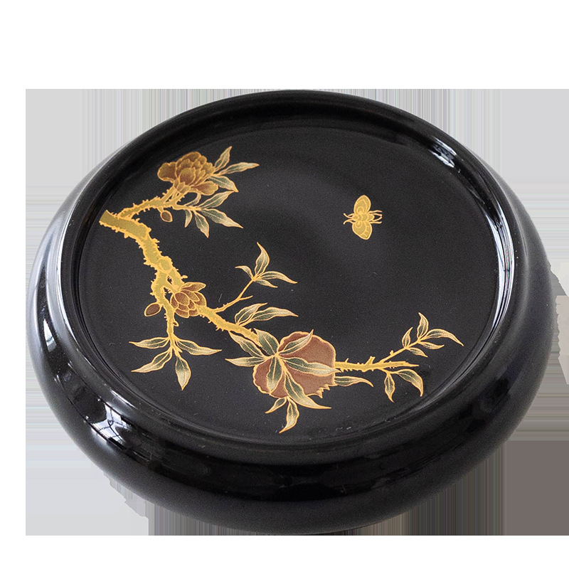 Set ceramic de ceai premium, cu floare de rodie, capac negru-auriu, stil chinezesc, pentru uz casnic — suport pentru ceașă de ceai și suport pentru capacul farfuriei