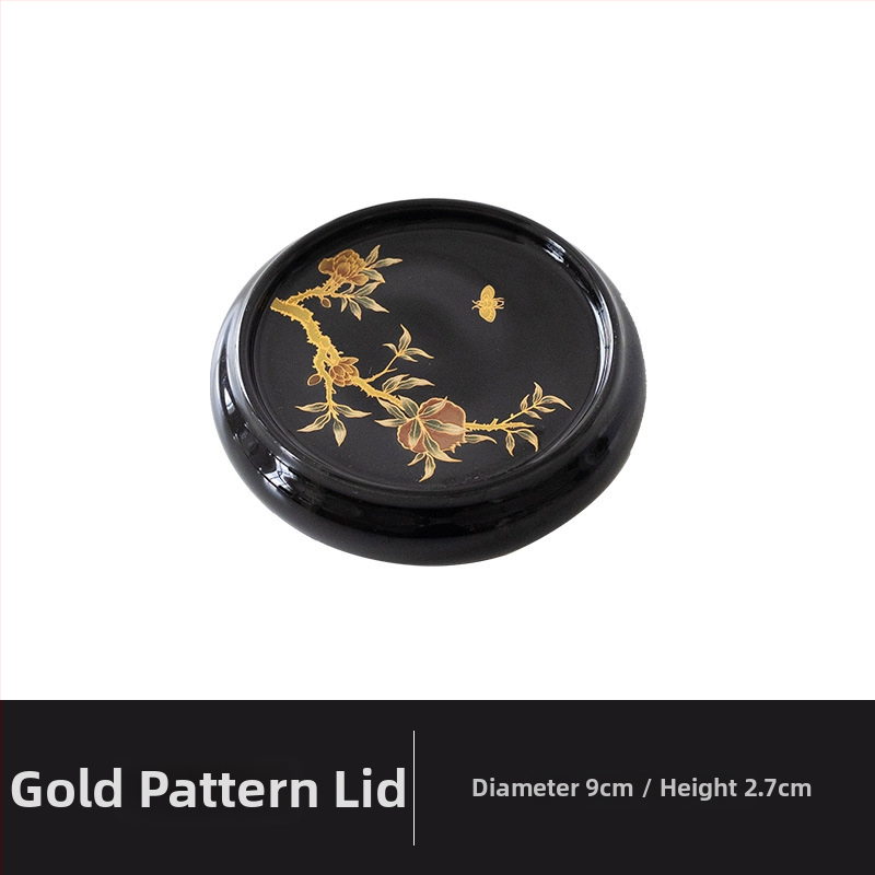 Set ceramic de ceai premium, cu floare de rodie, capac negru-auriu, stil chinezesc, pentru uz casnic — suport pentru ceașă de ceai și suport pentru capacul farfuriei