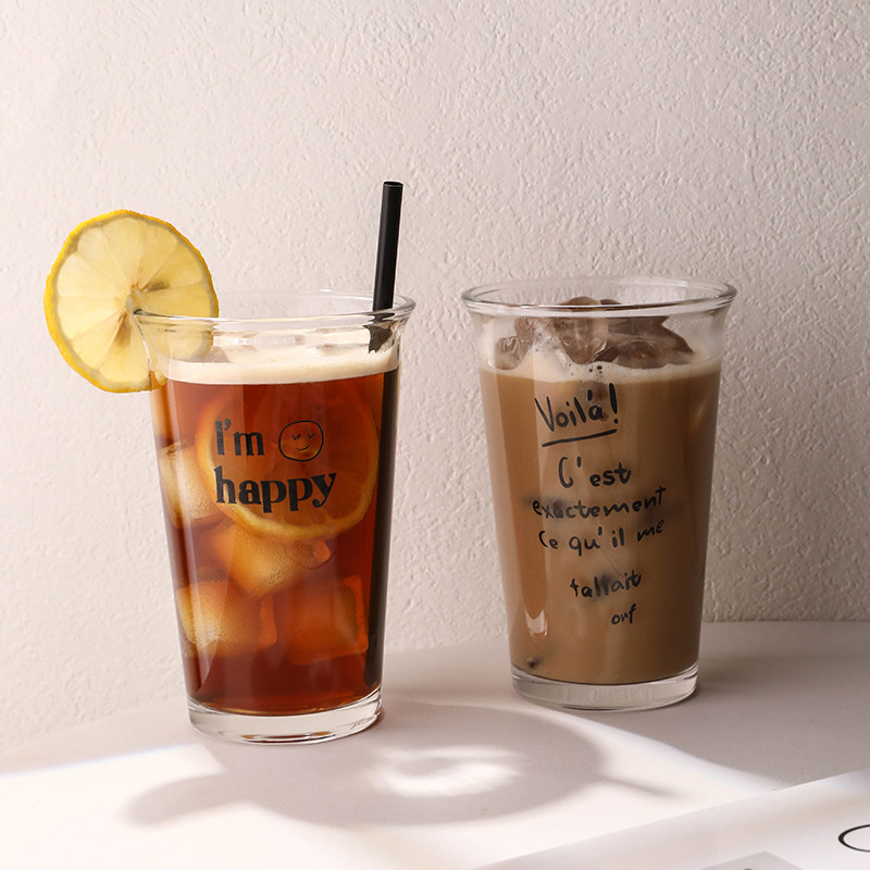 Pahar din sticlă pentru băuturi în stil japonez-coreean, ceai cu lapte, latte rece și cafea cold brew, cu pai
