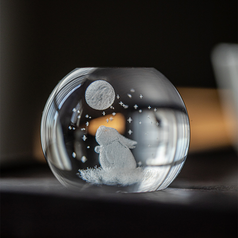Set de accesorii pentru ceremonia ceaiului din sticlă rezistentă la căldură, cu capac decor Moon Rabbit și Fortune Rabbit