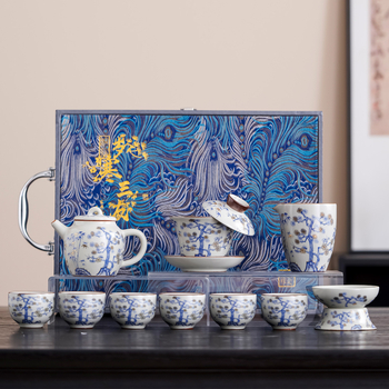 Set de ceai ceramic în stil chinezesc, cu ceainic, cești, bol acoperit și pahar de distribuție, într-o cutie cadou