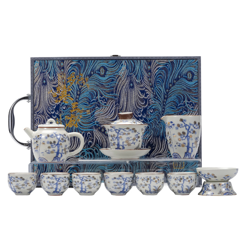 Set de ceai ceramic în stil chinezesc, cu ceainic, cești, bol acoperit și pahar de distribuție, într-o cutie cadou