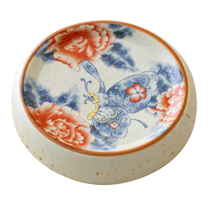 Suport ceramic pentru capac cu glazură caramel, pictat manual, motiv albastru fluture și bujor – accesorii ceremonie ceai, stil chinezesc