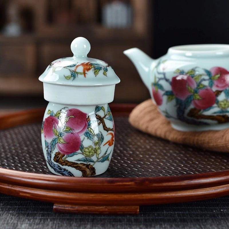 Set suport capac și pernă pentru capac pentru ceainic din lut mov, motif pastel cu nouă piersici – accesorii pentru ceremonia ceaiului