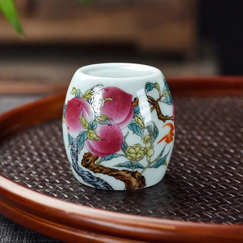 Set suport capac și pernă pentru capac pentru ceainic din lut mov, motif pastel cu nouă piersici – accesorii pentru ceremonia ceaiului