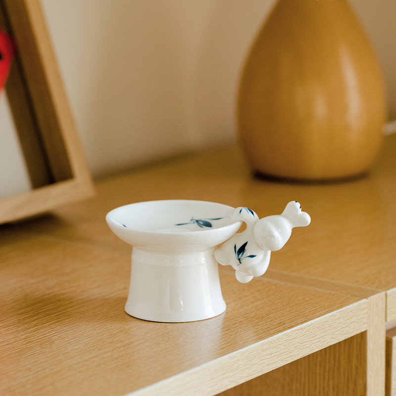 Farfurie de fructe ceramică pictată manual, cu picior înalt și capac, ornament mini cu pandantiv iepuraș