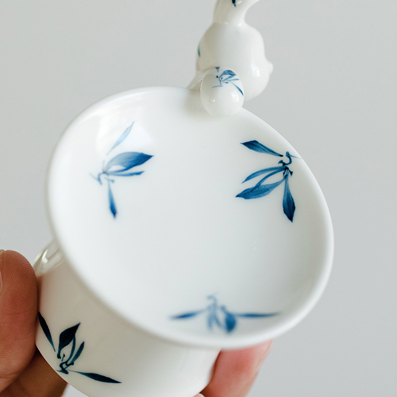 Farfurie de fructe ceramică pictată manual, cu picior înalt și capac, ornament mini cu pandantiv iepuraș