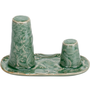 Raft pentru ceainic cu dragon în relief, glazură Celadon, suport ceramic pentru capac și suport de scurgere pentru ceremonia Gongfu a ceaiului