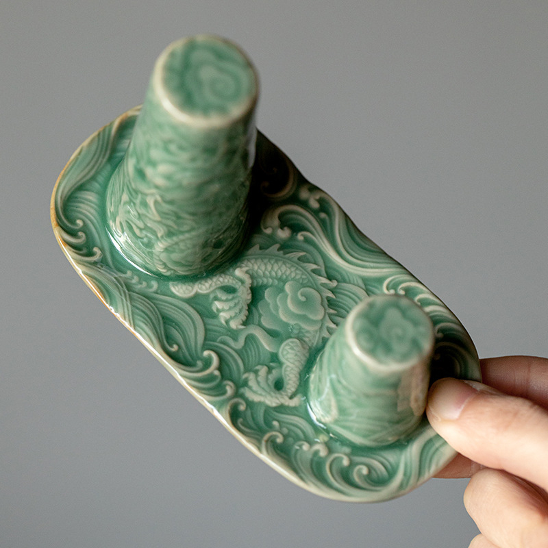 Raft pentru ceainic cu dragon în relief, glazură Celadon, suport ceramic pentru capac și suport de scurgere pentru ceremonia Gongfu a ceaiului