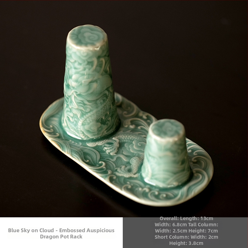 Raft pentru ceainic cu dragon în relief, glazură Celadon, suport ceramic pentru capac și suport de scurgere pentru ceremonia Gongfu a ceaiului