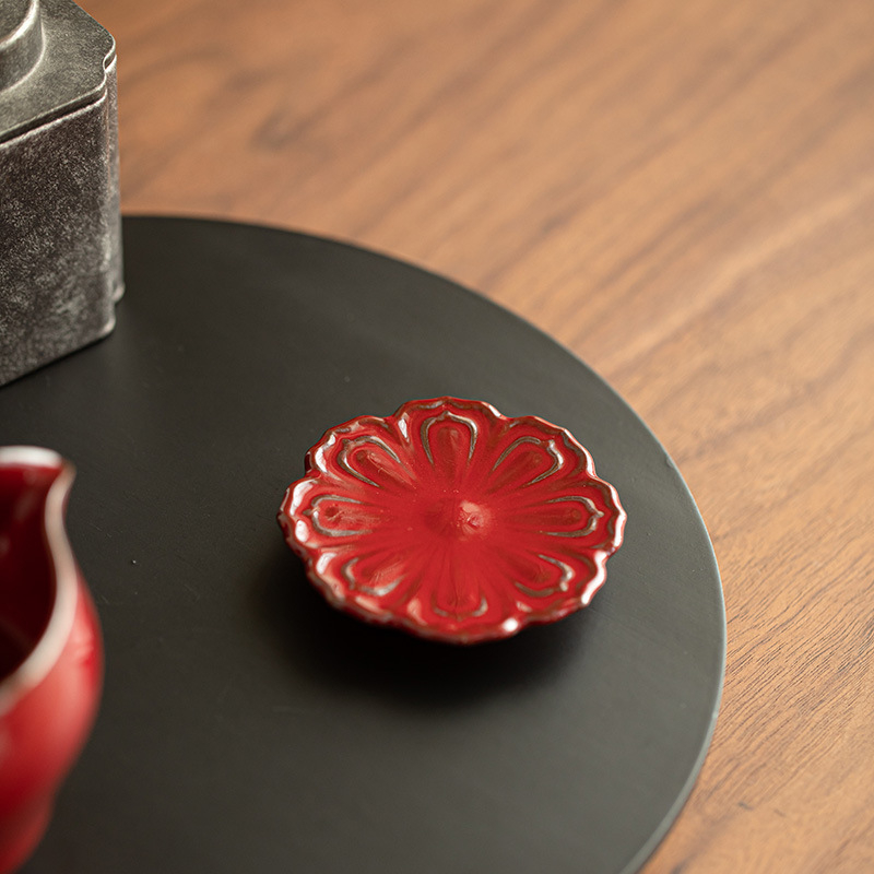 Suport ceramic pentru ceașcă de ceai cu capac, accesorii pentru setul de ceai, design Lotus Roșu din Orașul Interzis, stil Nou Chinezesc, origine Dehua