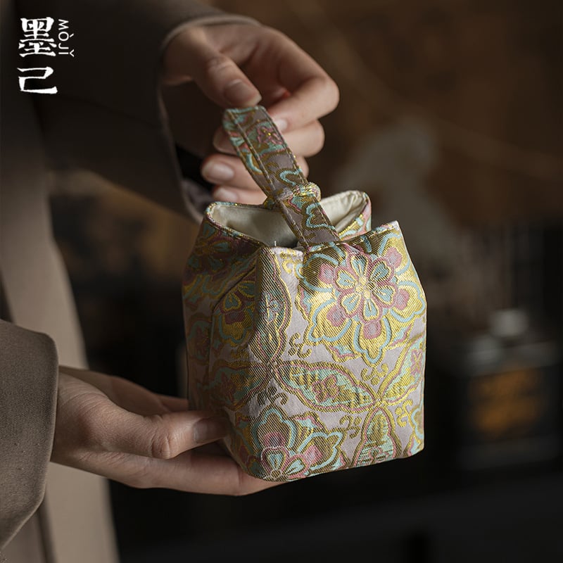 Geantă de depozitare pentru ceașca de ceai, broderie aurie pe țesătură – accesorii pentru ceremonia ceaiului, set de ceai portabil pentru călătorii