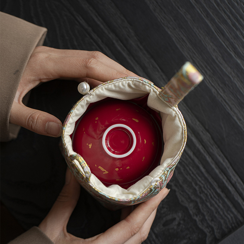 Geantă de depozitare pentru ceașca de ceai, broderie aurie pe țesătură – accesorii pentru ceremonia ceaiului, set de ceai portabil pentru călătorii