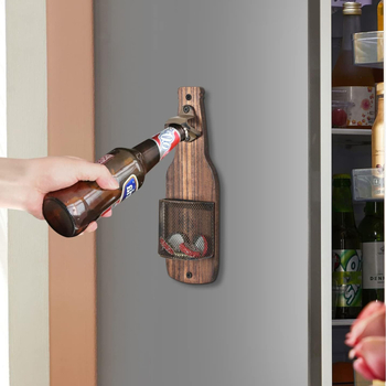 Deschizător de sticle din lemn, montat pe perete, cu coș pentru dopuri – decor pentru bucătărie și bar
