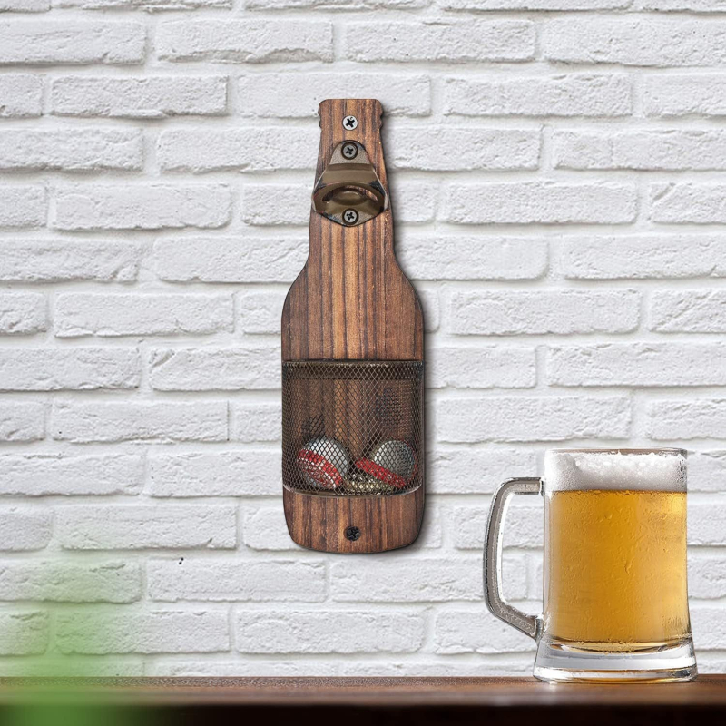 Deschizător de sticle din lemn, montat pe perete, cu coș pentru dopuri – decor pentru bucătărie și bar