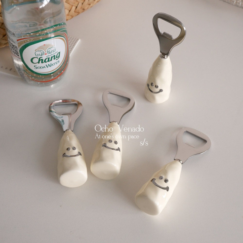 Deschizător pentru sticle de bere în formă de T, mâner ceramic, poate sta în picioare, deschizător creativ pentru capace din oțel inoxidabil
