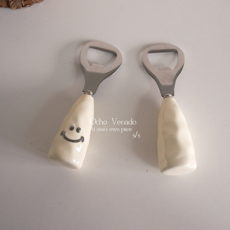 Deschizător pentru sticle de bere în formă de T, mâner ceramic, poate sta în picioare, deschizător creativ pentru capace din oțel inoxidabil