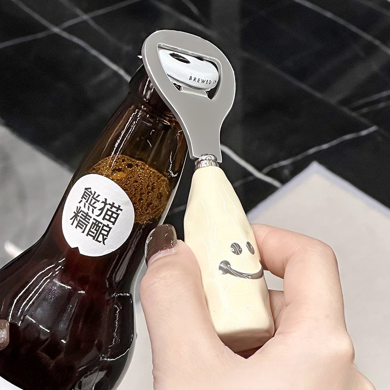 Deschizător de sticle de bere cu zâmbet, mâner ceramic, portabil, din oțel inoxidabil, pentru uz casnic și comercial
