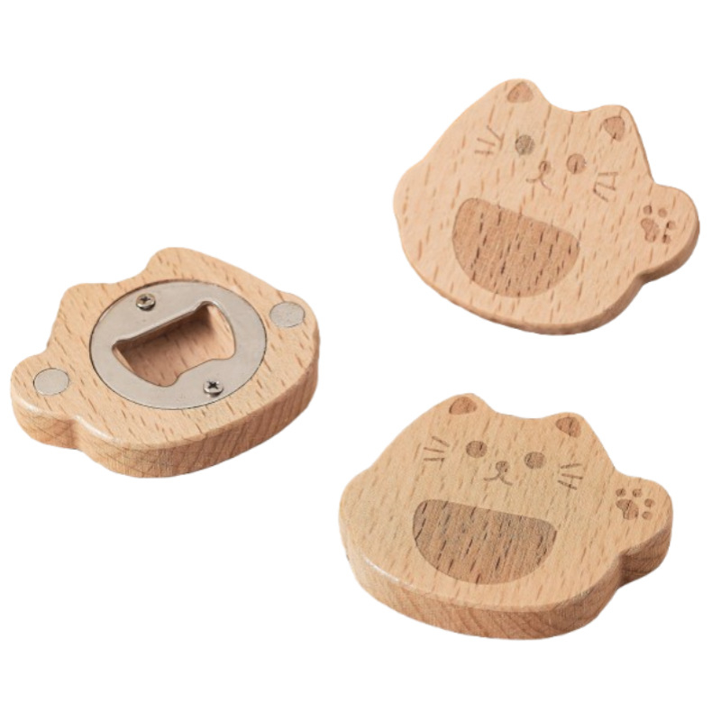 Deschizător de sticle din lemn solid, cu magnet pentru frigider, design cartoon pentru bere și băuturi