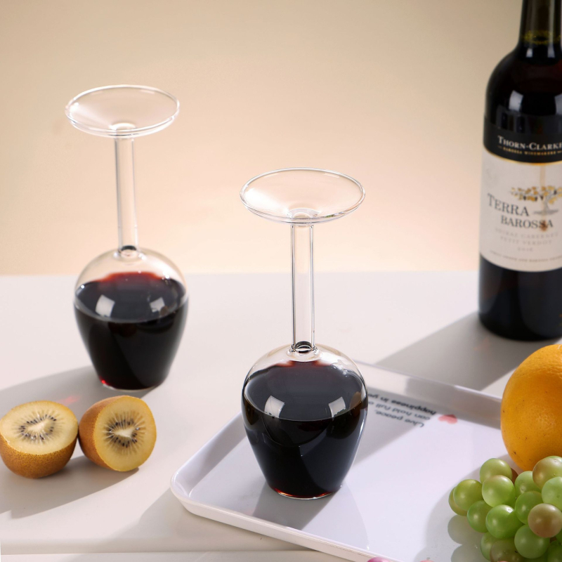 Pahar de vin inversat, creativ și amuzant, din sticlă borosilikat înaltă, cu picior lung, capacitate mare pentru whisky