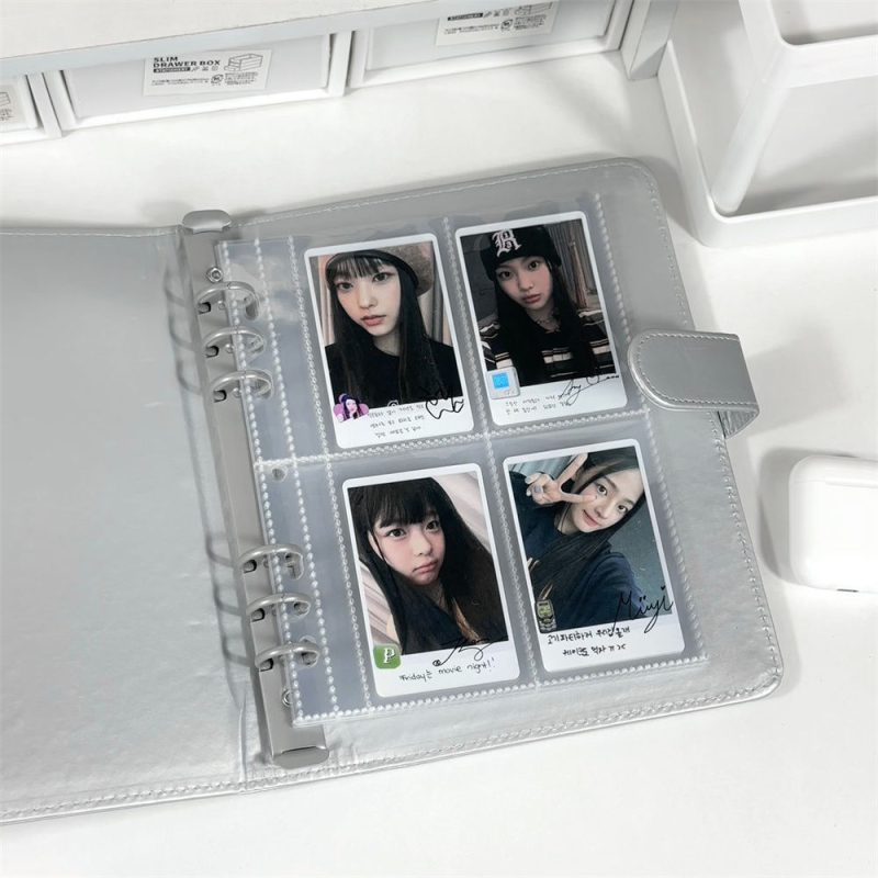 Album pentru carduri, cu aspect metalic argintiu din PU, A5 gros, design minimalist, pentru fotografii de 3 inci, 10 pagini