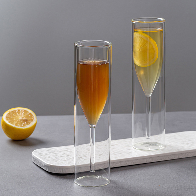 Pahar dublu-strat pentru șampanie și vin roșu, goblet în formă de lalea, design modern, transparent pentru bar, pahar de cocktail cu bule