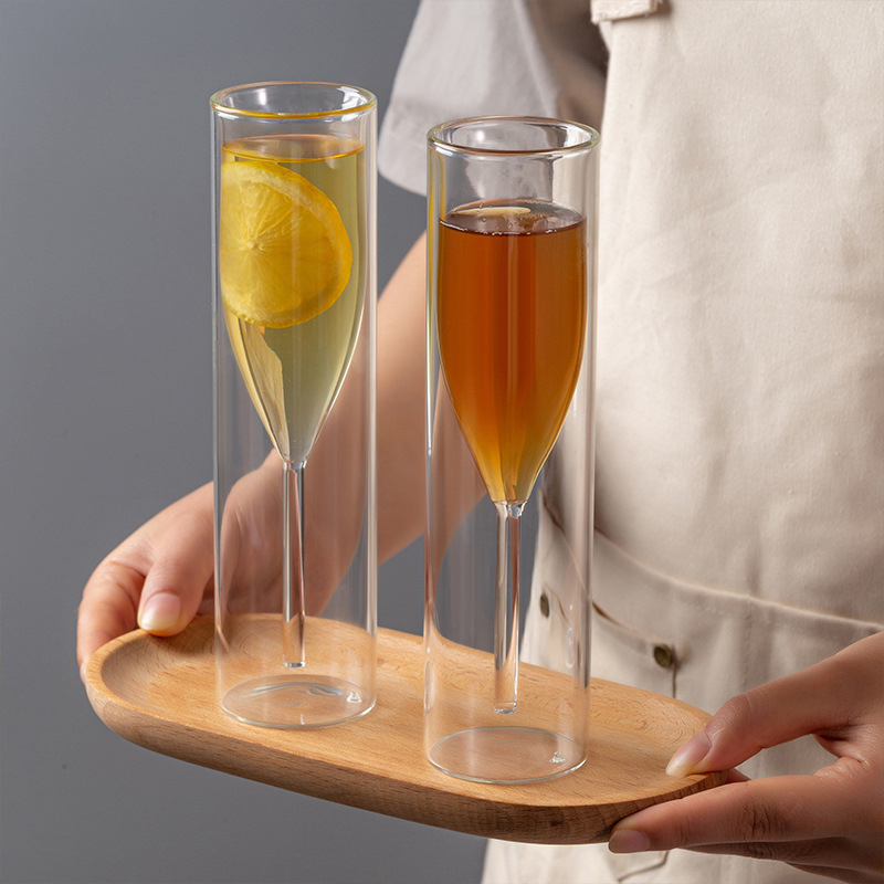Pahar dublu-strat pentru șampanie și vin roșu, goblet în formă de lalea, design modern, transparent pentru bar, pahar de cocktail cu bule