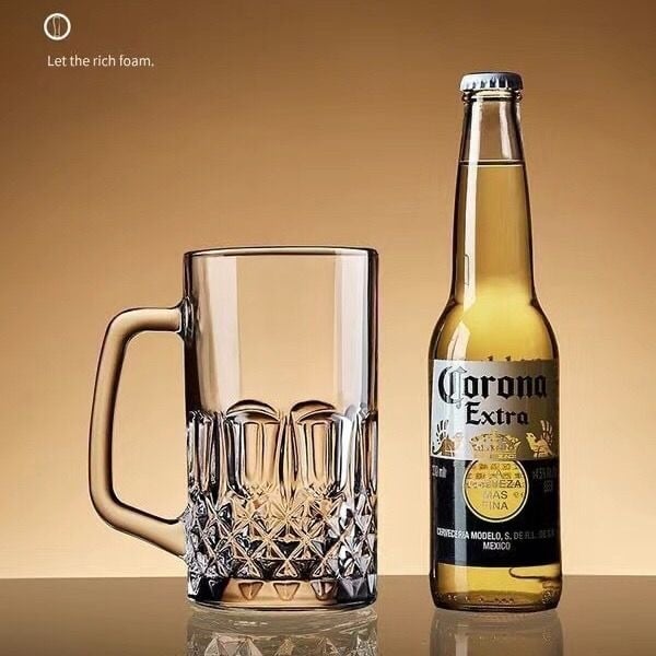 Pahar de bere 500 ml, sticlă groasă, cu mâner, pentru uz casnic și în bar